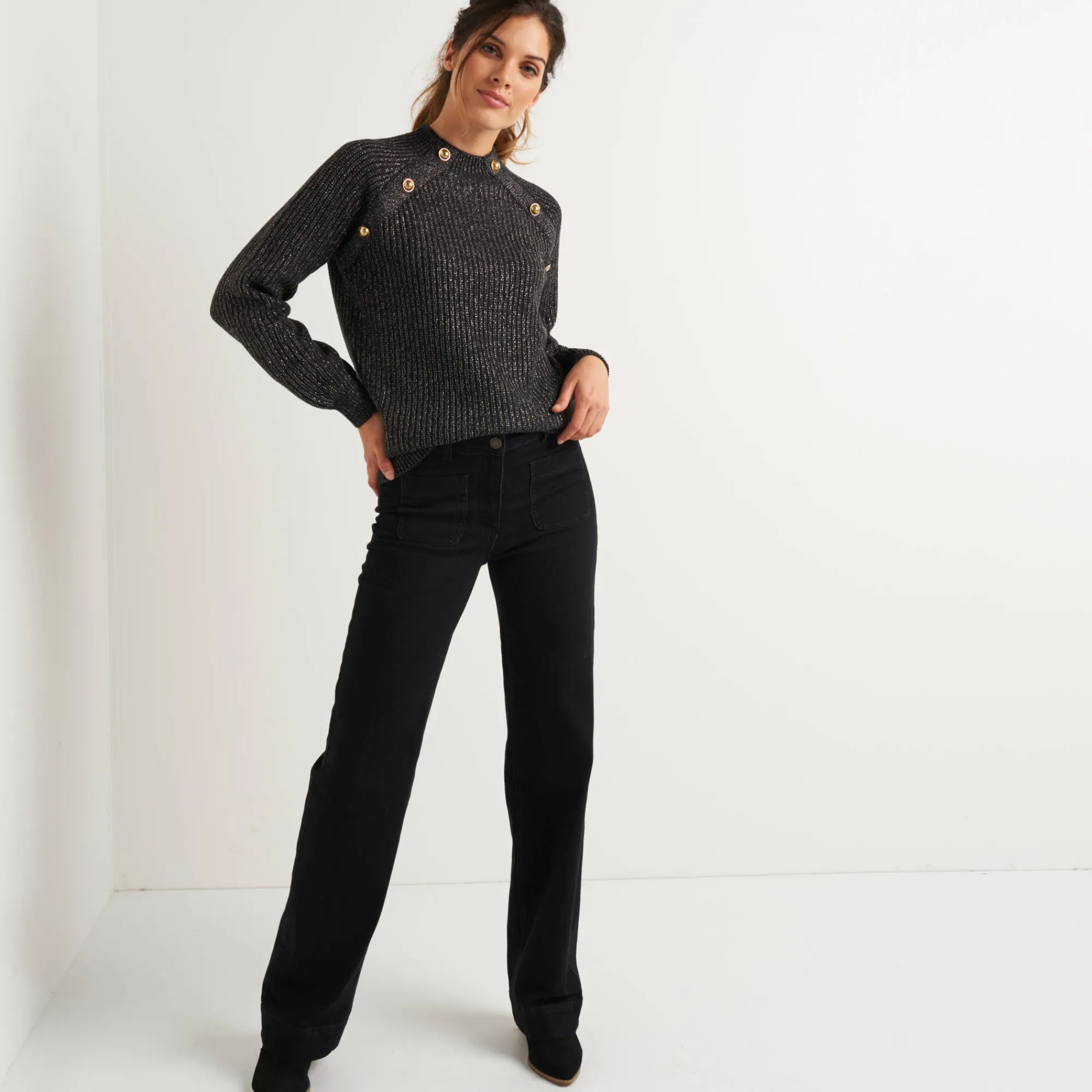 Feestoutfits Dames|Trui En Vest<Blancheporte Trui in patenttricot en glanzende draad, met knopen chiné antraciet