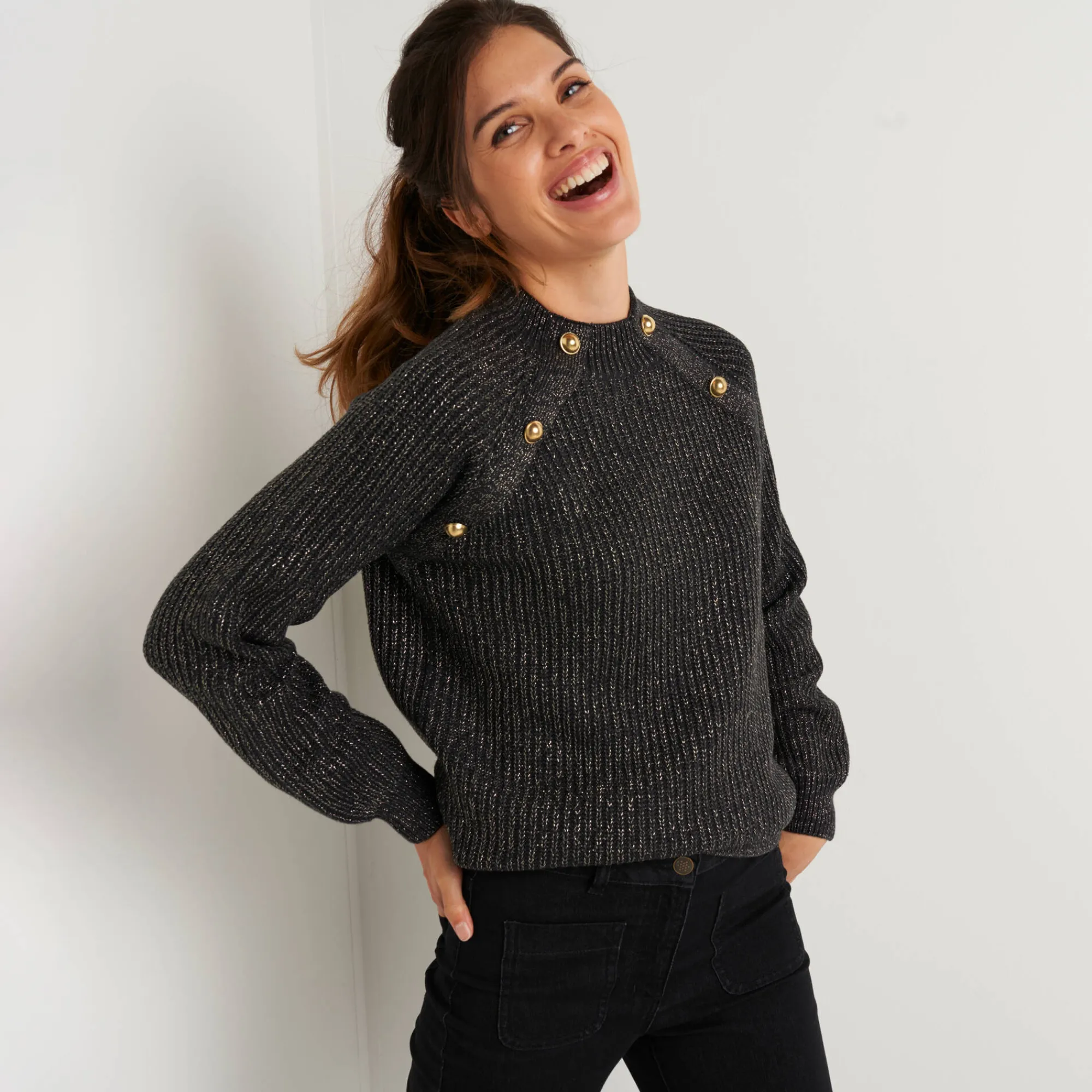 Feestoutfits Dames|Trui En Vest<Blancheporte Trui in patenttricot en glanzende draad, met knopen chiné antraciet