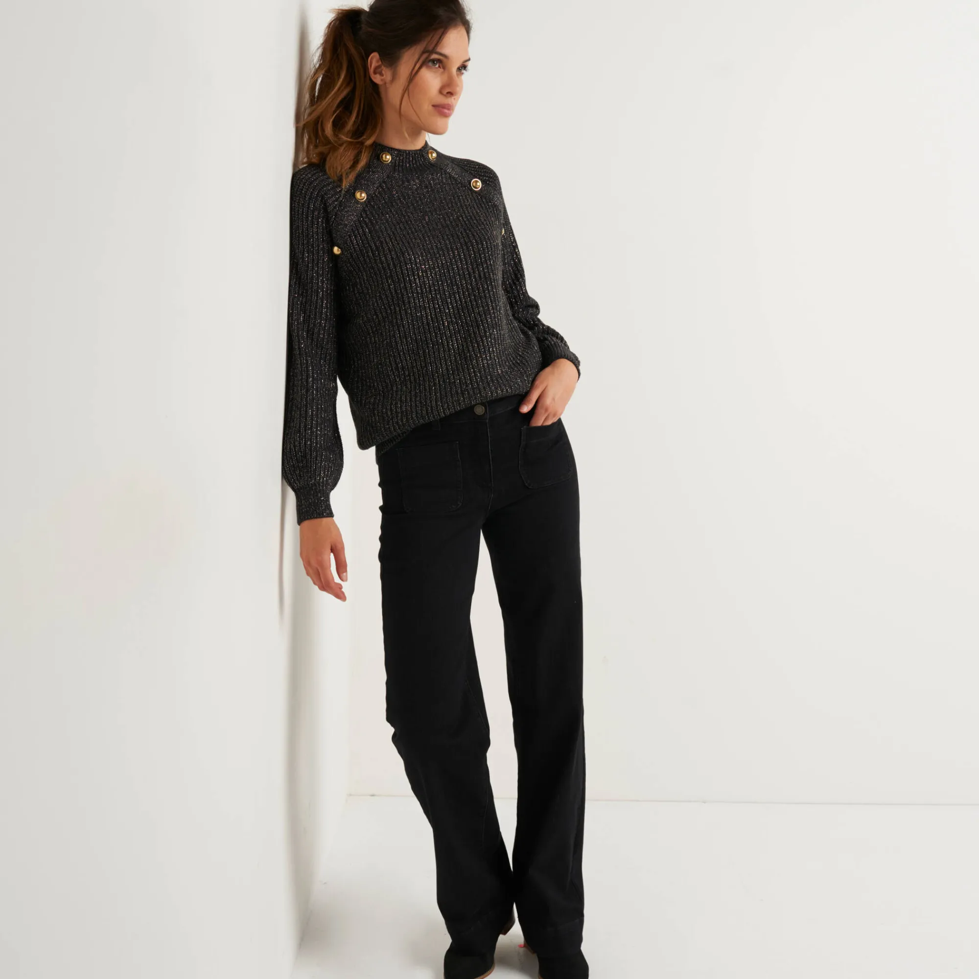 Feestoutfits Dames|Trui En Vest<Blancheporte Trui in patenttricot en glanzende draad, met knopen chiné antraciet