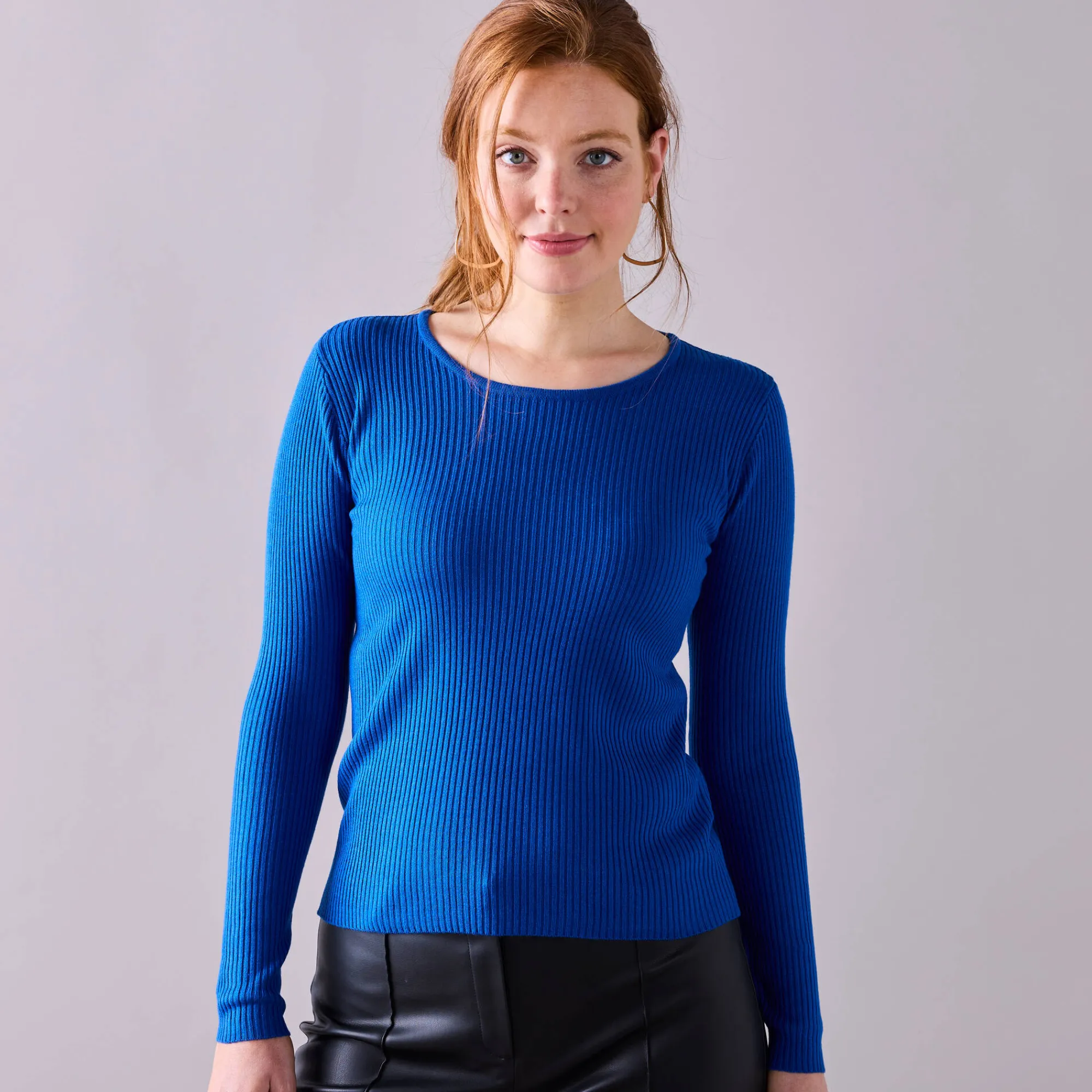 Trui En Vest<Blancheporte Trui in ribtricot met ronde hals felblauw