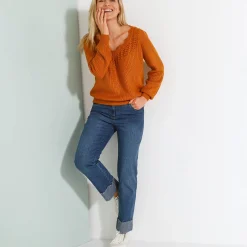Trui En Vest<Blancheporte Trui met ajourdetails, pareltricot honing