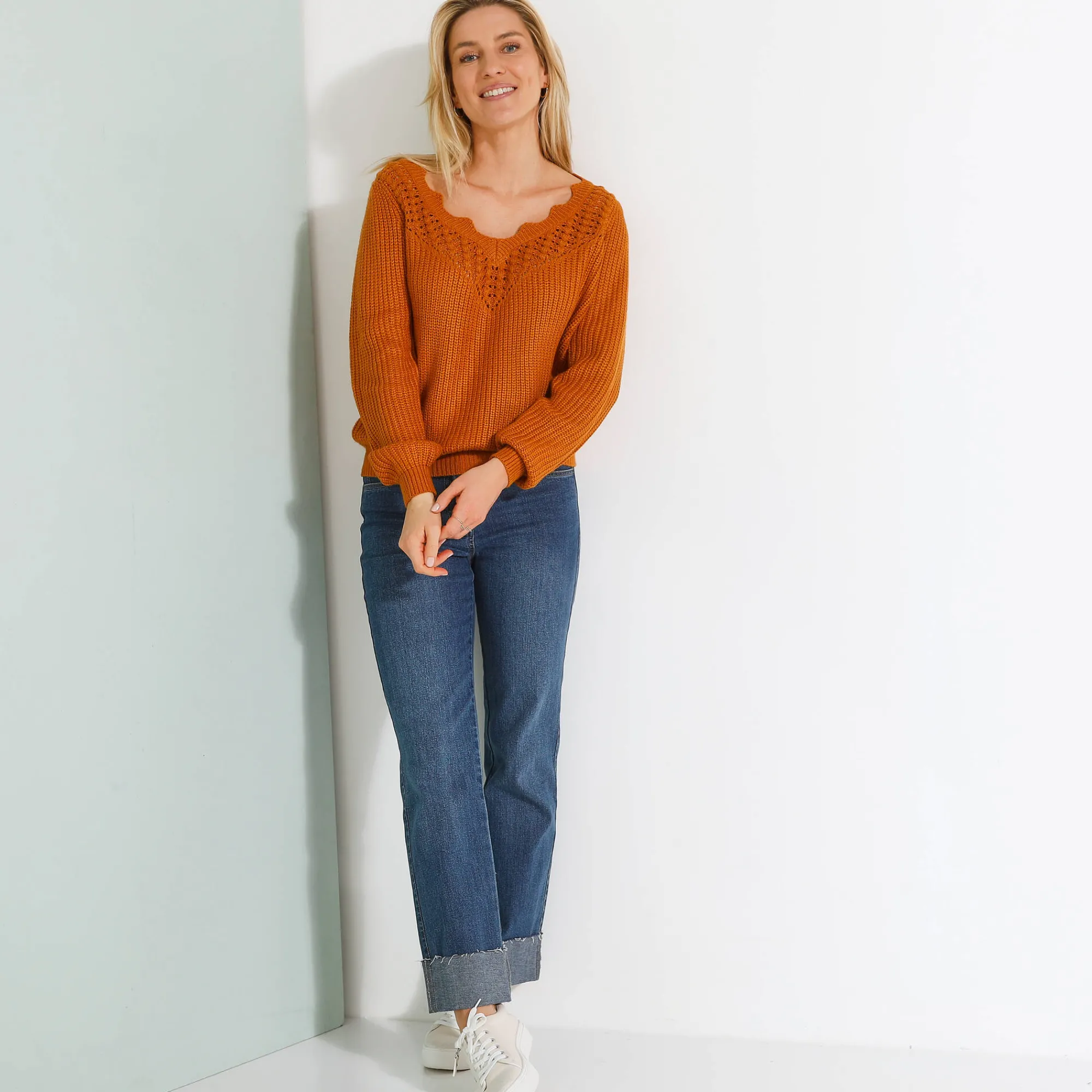 Trui En Vest<Blancheporte Trui met ajourdetails, pareltricot honing