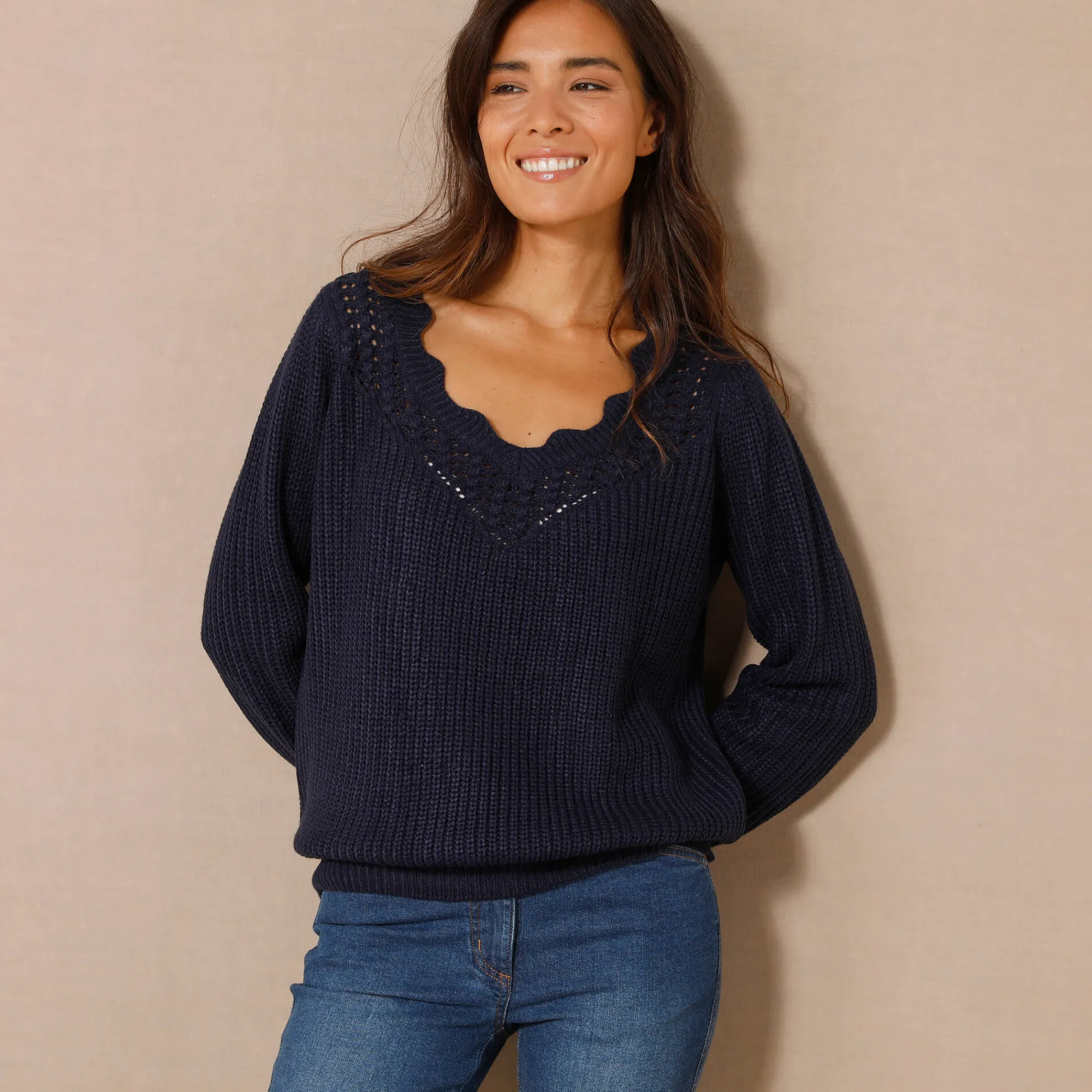 Trui En Vest<Blancheporte Trui met ajourdetails, pareltricot marine