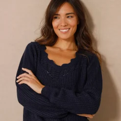 Trui En Vest<Blancheporte Trui met ajourdetails, pareltricot marine