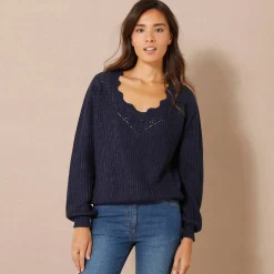 Trui En Vest<Blancheporte Trui met ajourdetails, pareltricot marine