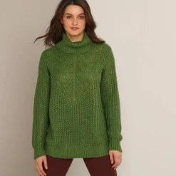 Trui En Vest<Blancheporte Trui met bolkraag, Engelse steek mosgroen