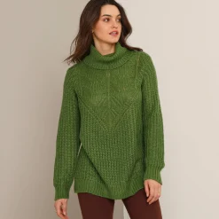 Trui En Vest<Blancheporte Trui met bolkraag, Engelse steek mosgroen