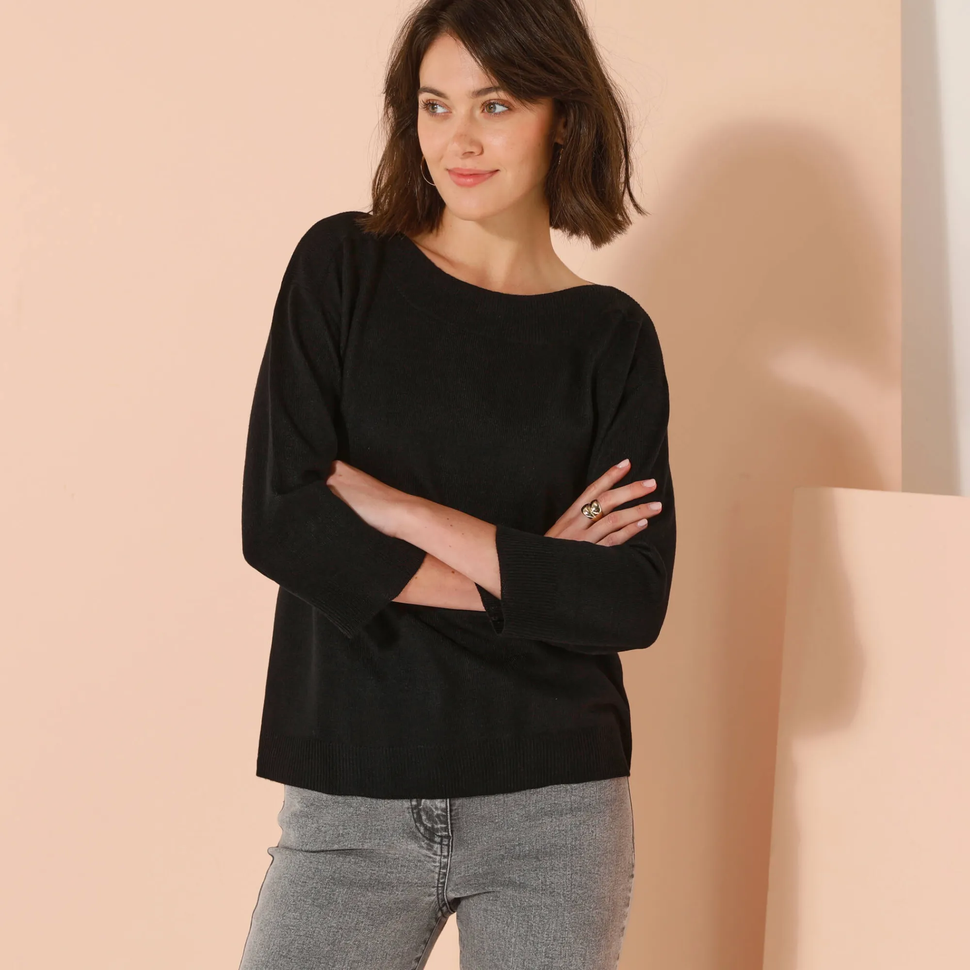 Trui En Vest<Blancheporte Trui met boothals en 3/4-mouwen, kasjmiertouch zwart