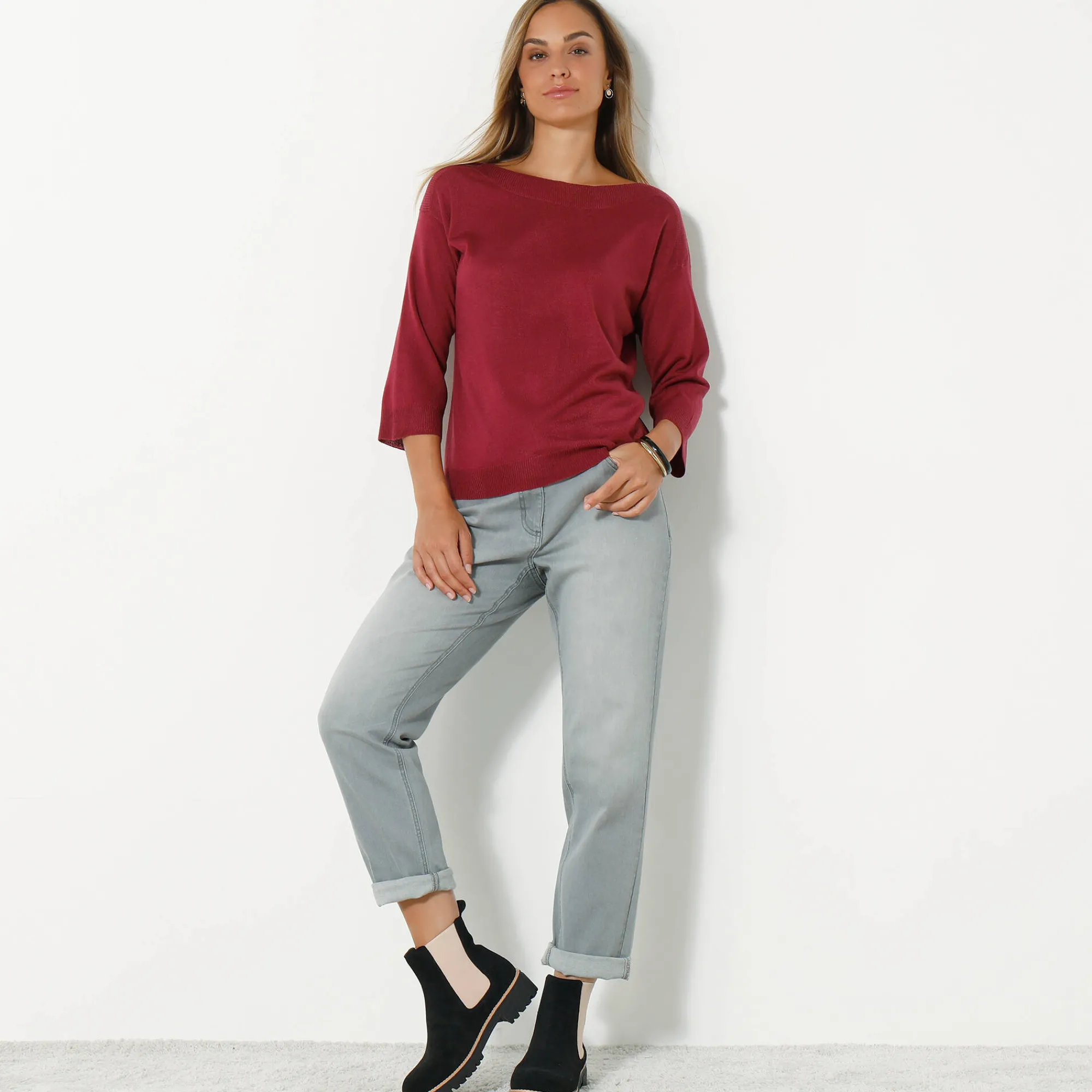 Trui En Vest<Blancheporte Trui met boothals en 3/4-mouwen, kasjmiertouch pruim