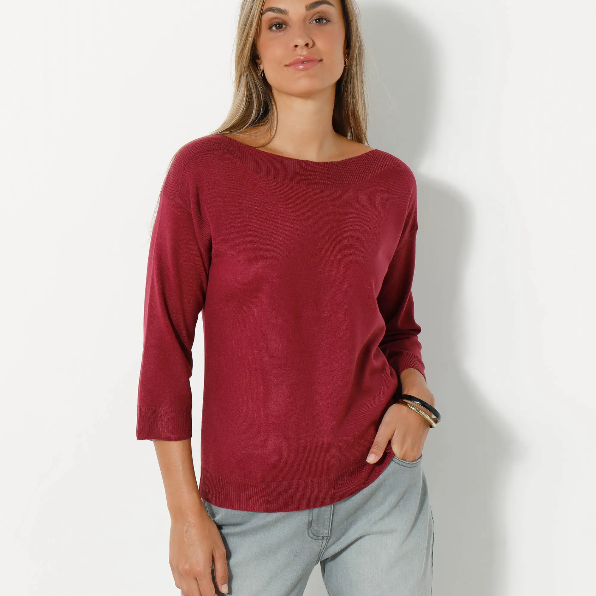 Trui En Vest<Blancheporte Trui met boothals en 3/4-mouwen, kasjmiertouch pruim