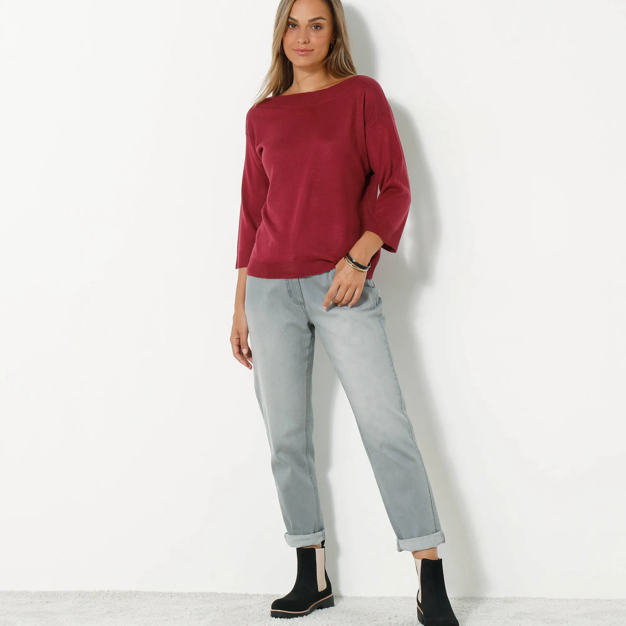 Trui En Vest<Blancheporte Trui met boothals en 3/4-mouwen, kasjmiertouch pruim