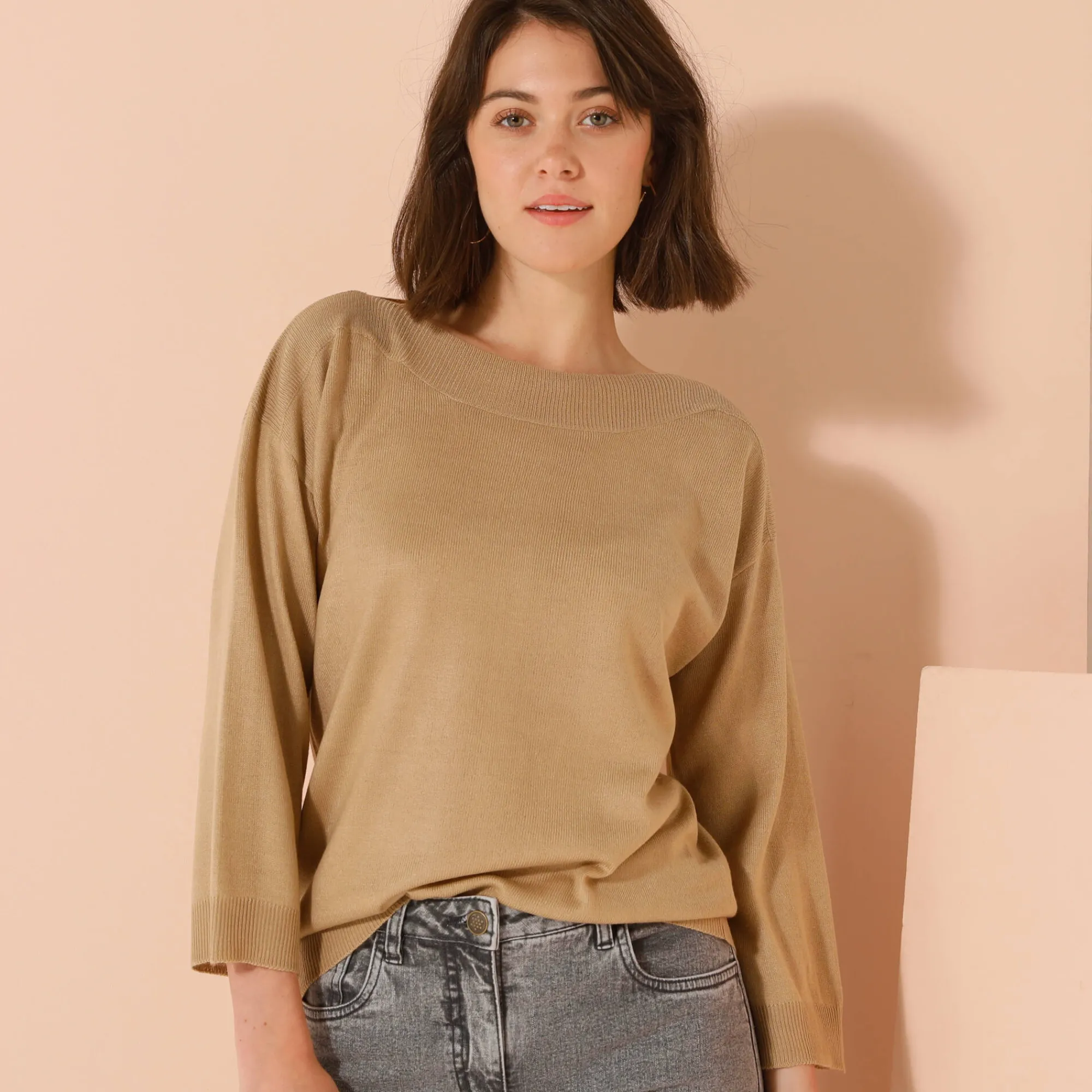 Trui En Vest<Blancheporte Trui met boothals en 3/4-mouwen, kasjmiertouch beige