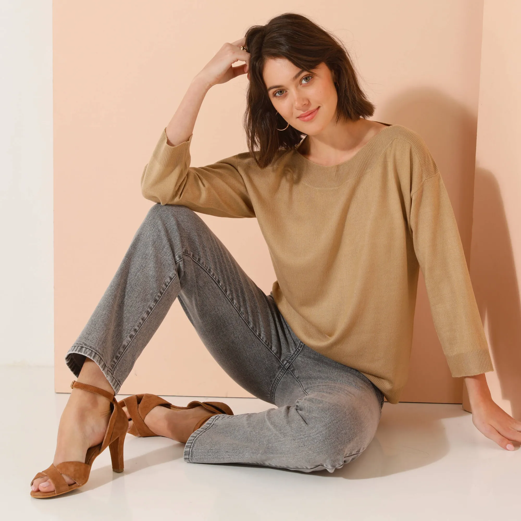 Trui En Vest<Blancheporte Trui met boothals en 3/4-mouwen, kasjmiertouch beige
