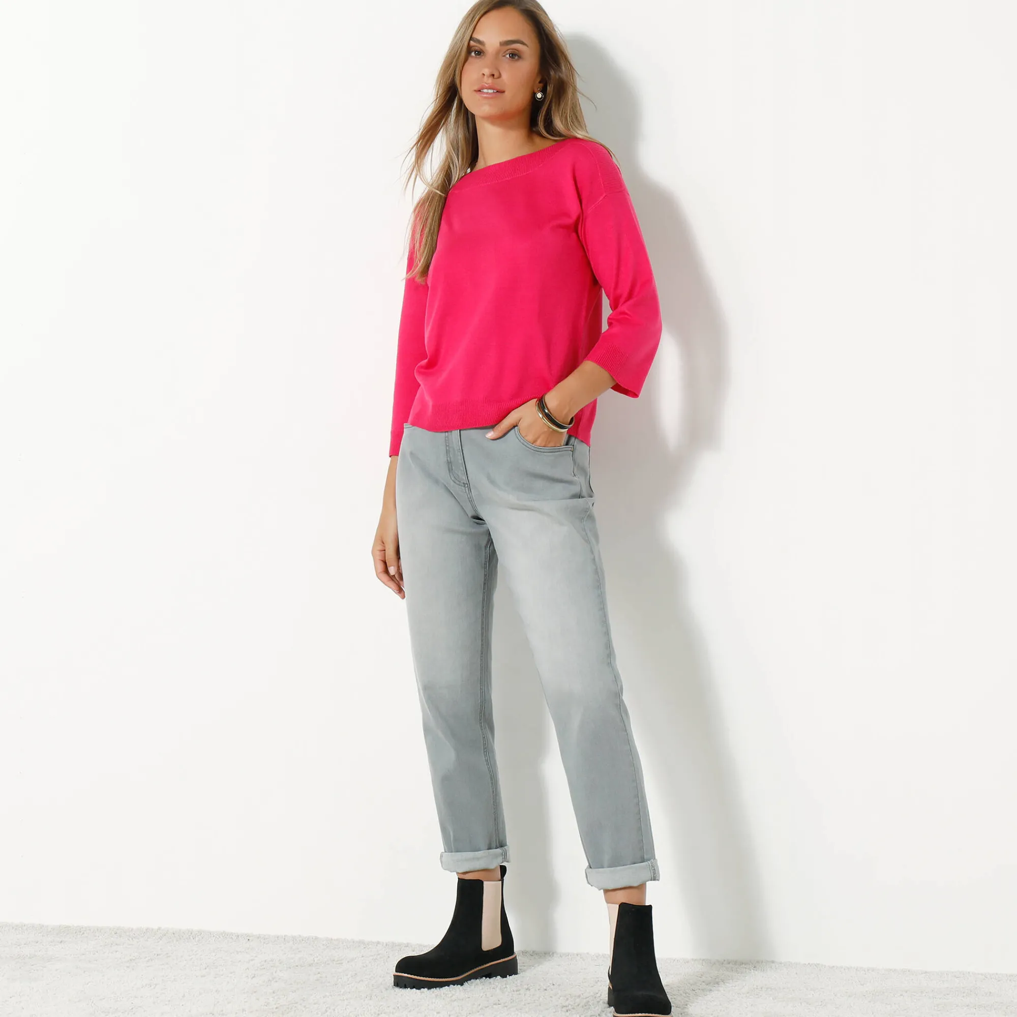 Trui En Vest<Blancheporte Trui met boothals en 3/4-mouwen, kasjmiertouch fuchsiaroze
