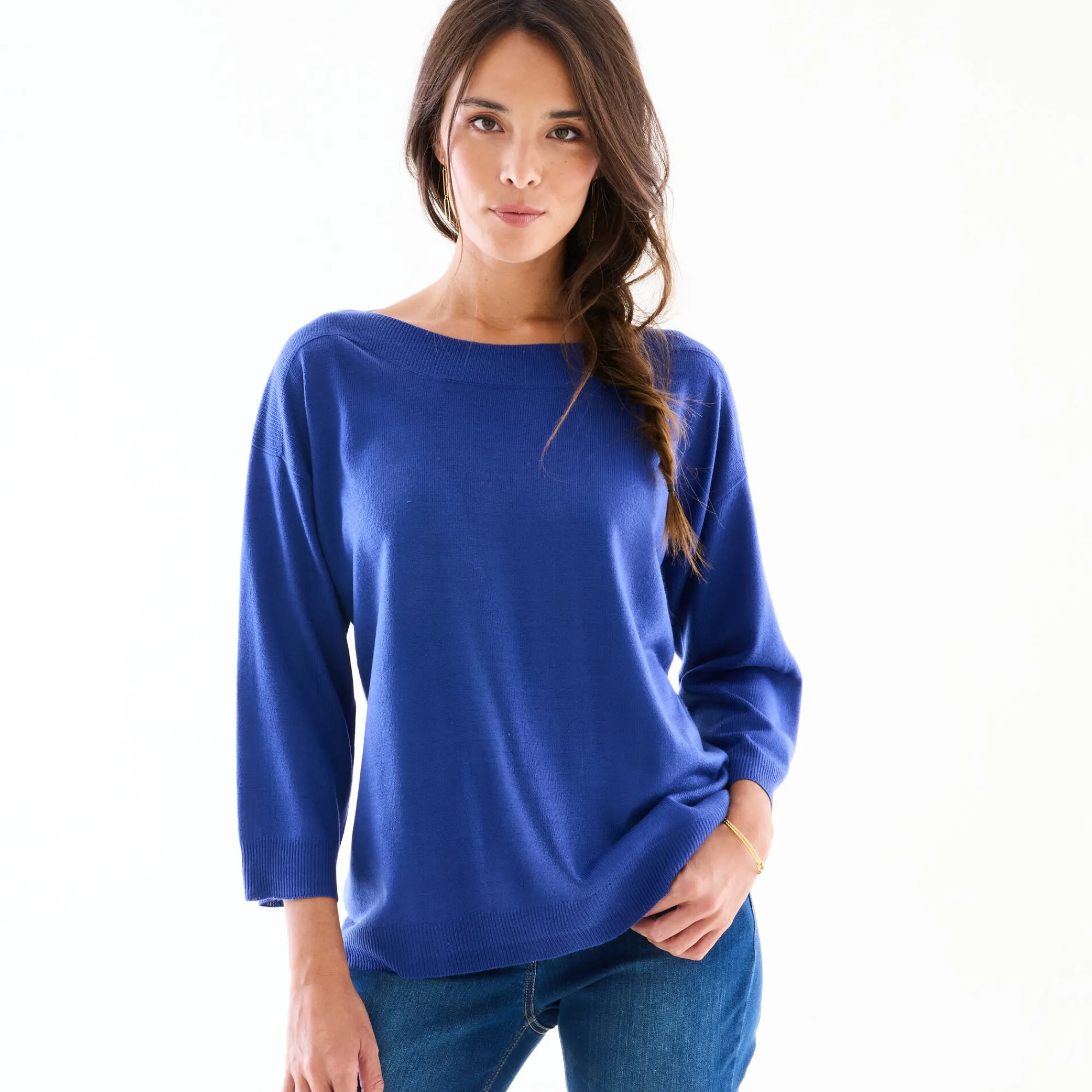 Trui En Vest<Blancheporte Trui met boothals en 3/4-mouwen, kasjmiertouch felblauw