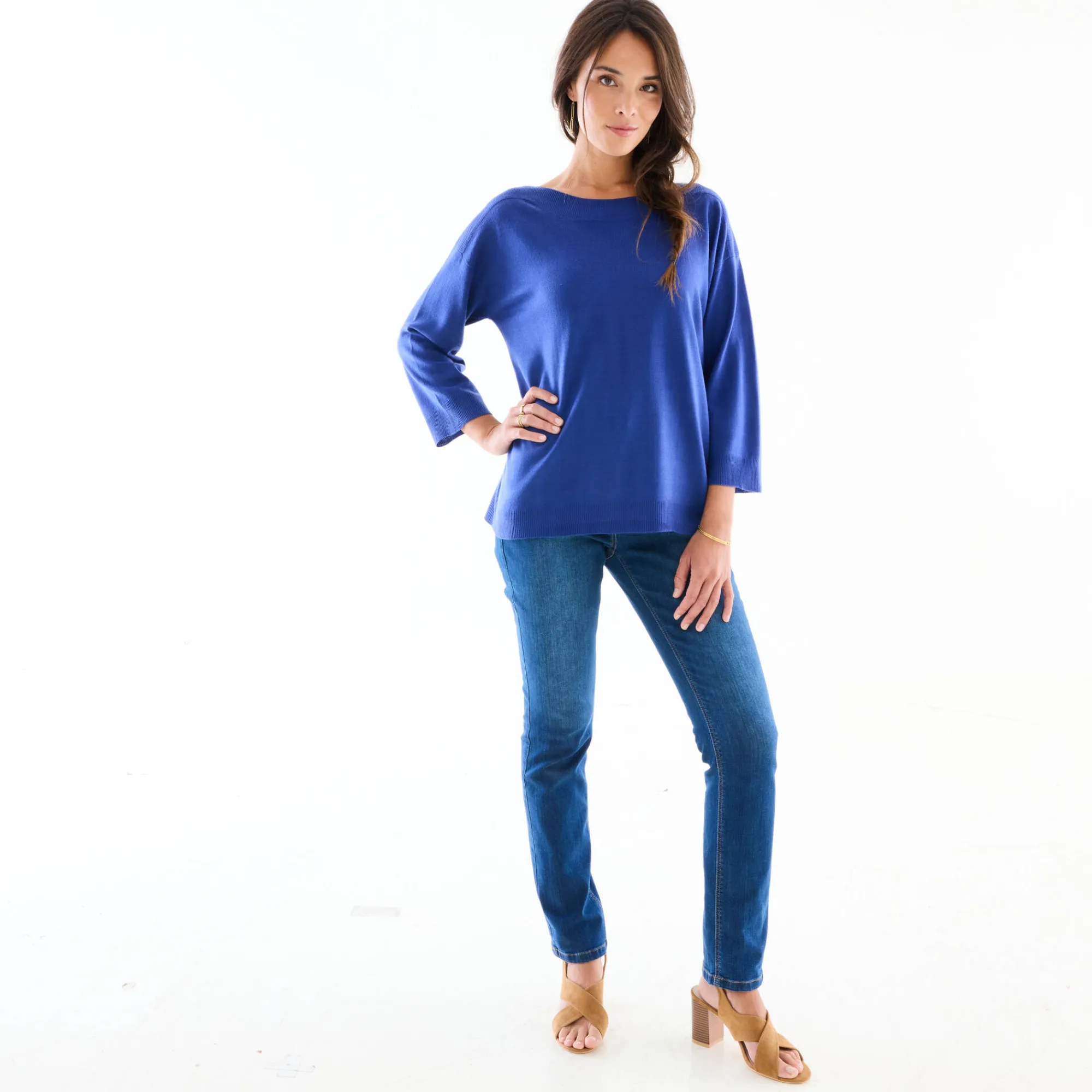Trui En Vest<Blancheporte Trui met boothals en 3/4-mouwen, kasjmiertouch felblauw
