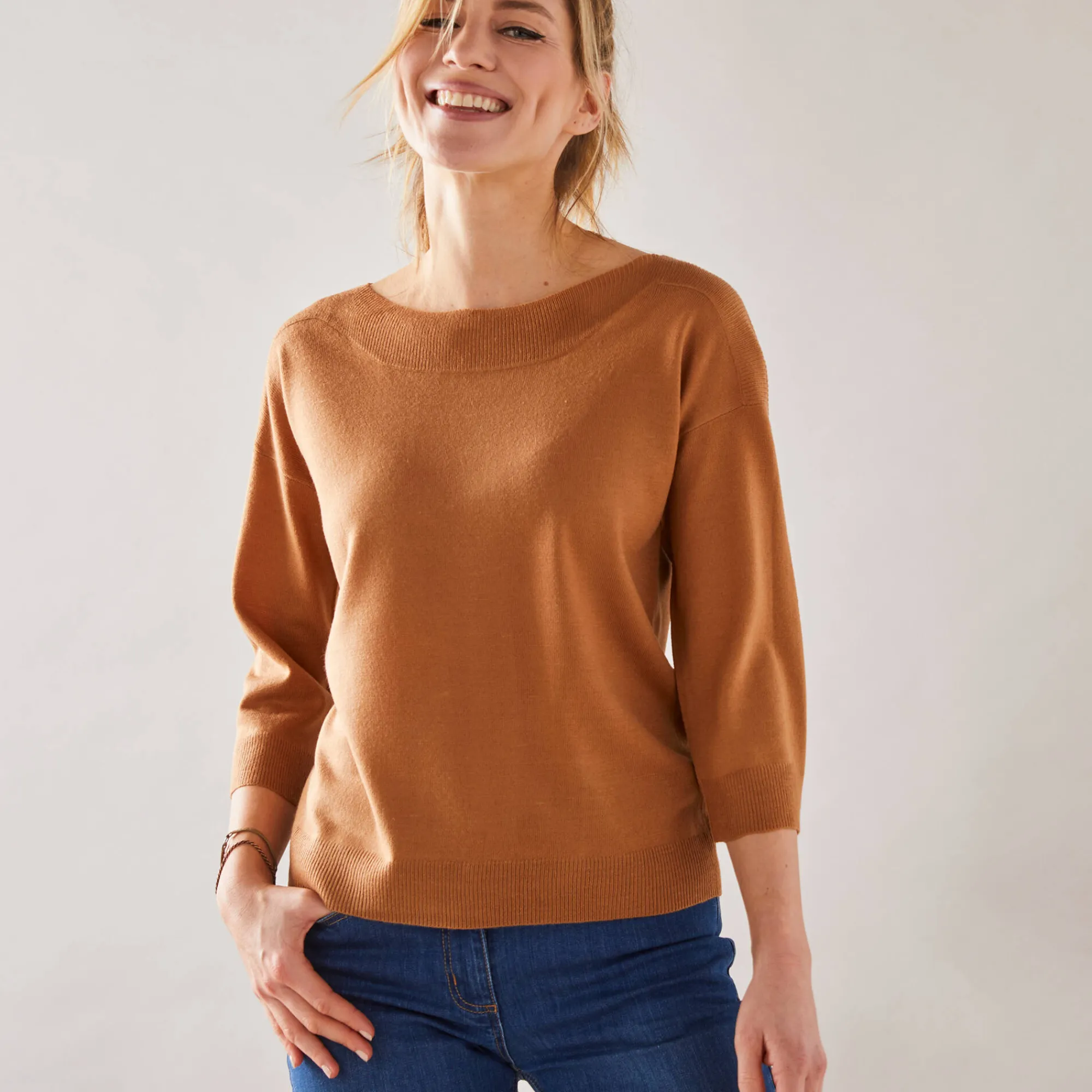 Trui En Vest<Blancheporte Trui met boothals en 3/4-mouwen, kasjmiertouch hazelnootbruin