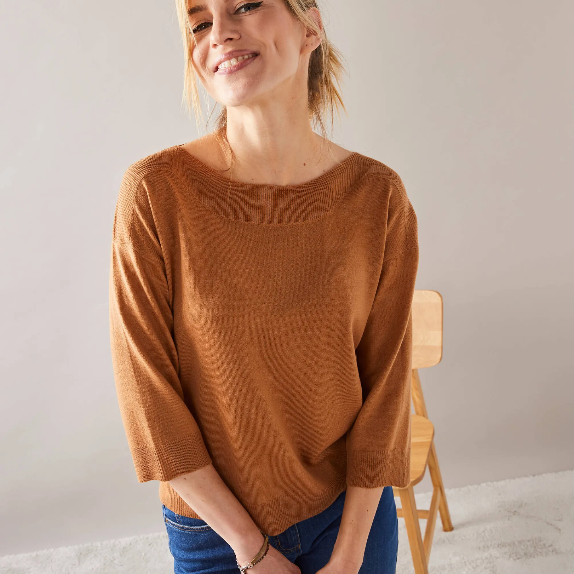Trui En Vest<Blancheporte Trui met boothals en 3/4-mouwen, kasjmiertouch hazelnootbruin