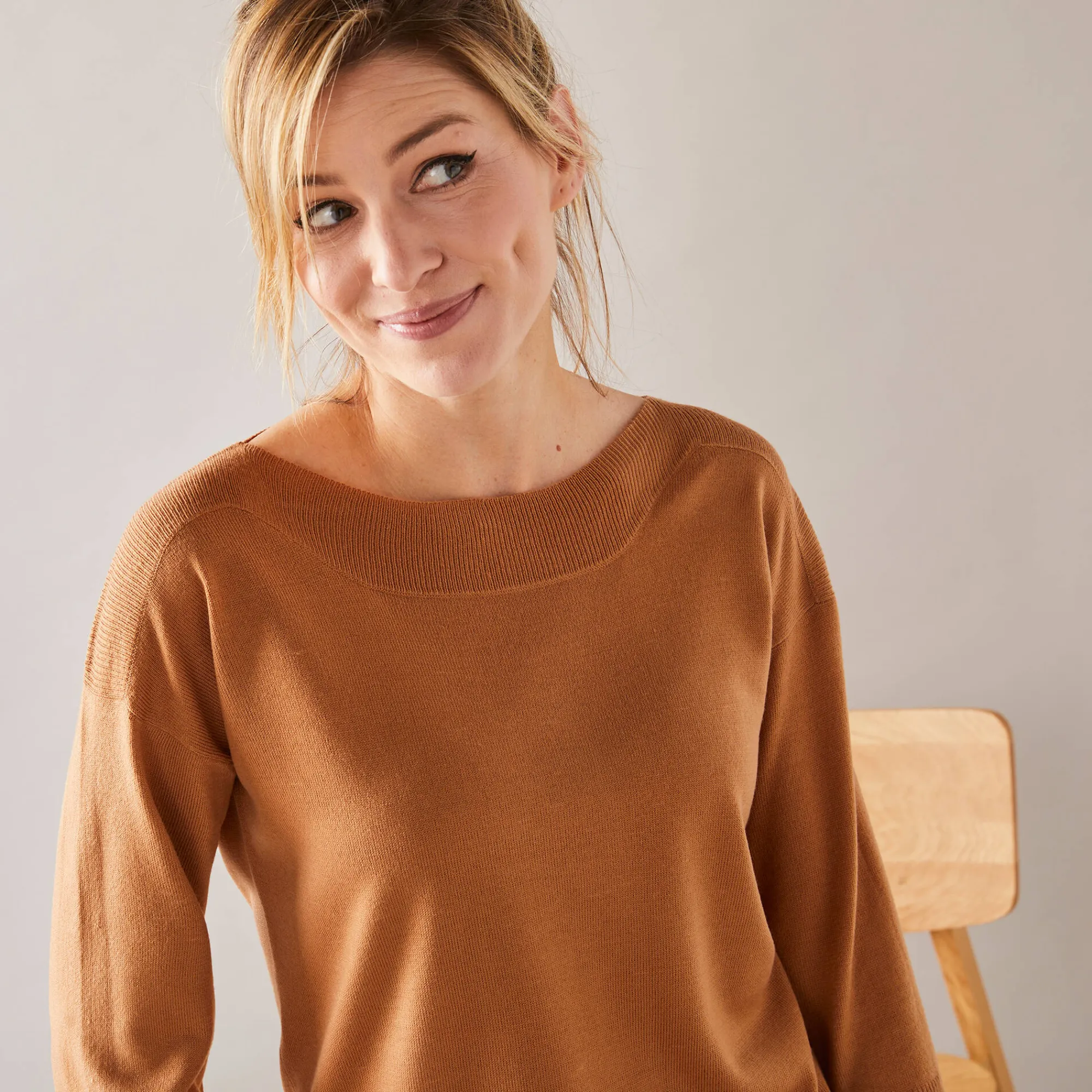 Trui En Vest<Blancheporte Trui met boothals en 3/4-mouwen, kasjmiertouch hazelnootbruin
