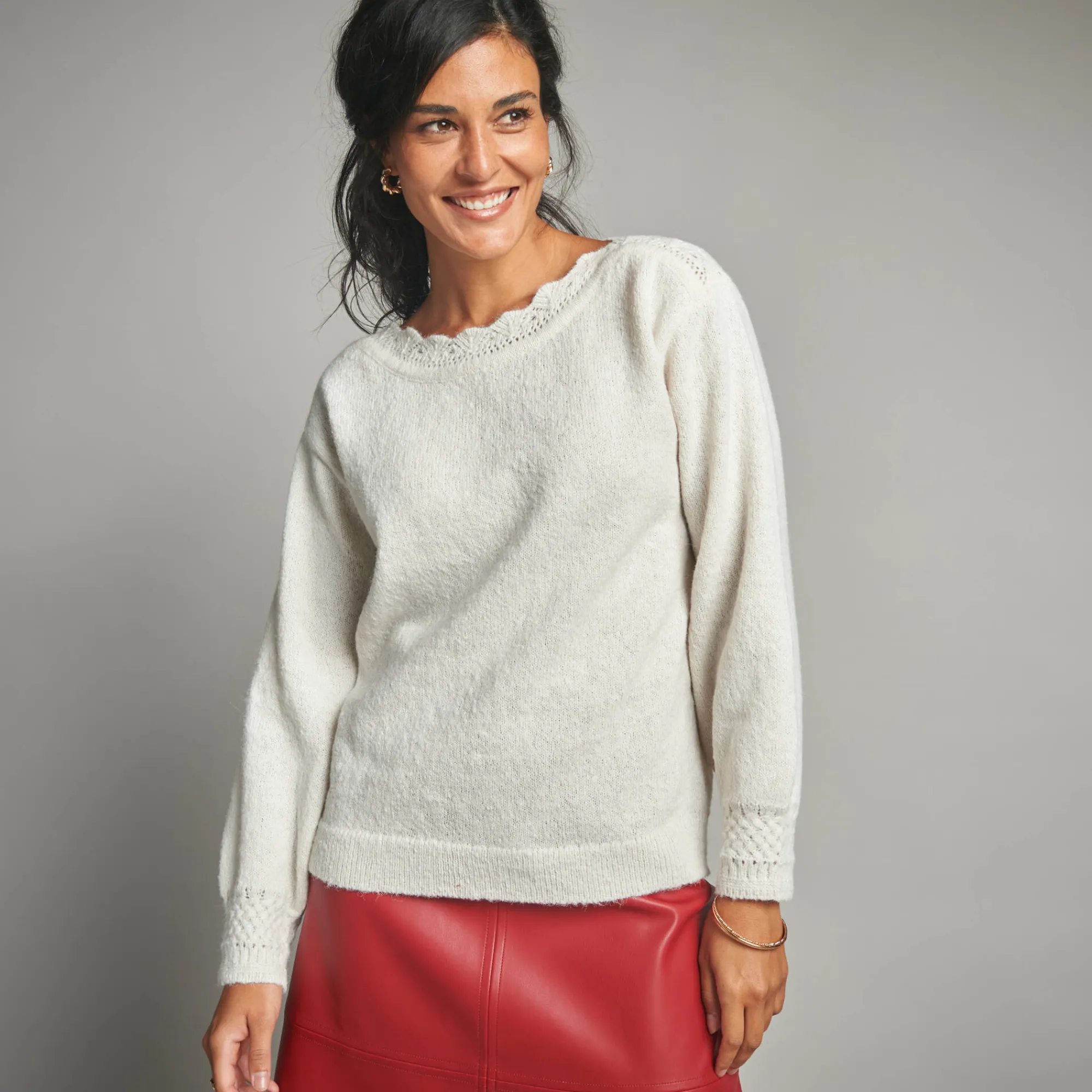 Trui En Vest<Lora Zellini Trui met boothals, fantasietricot ecru