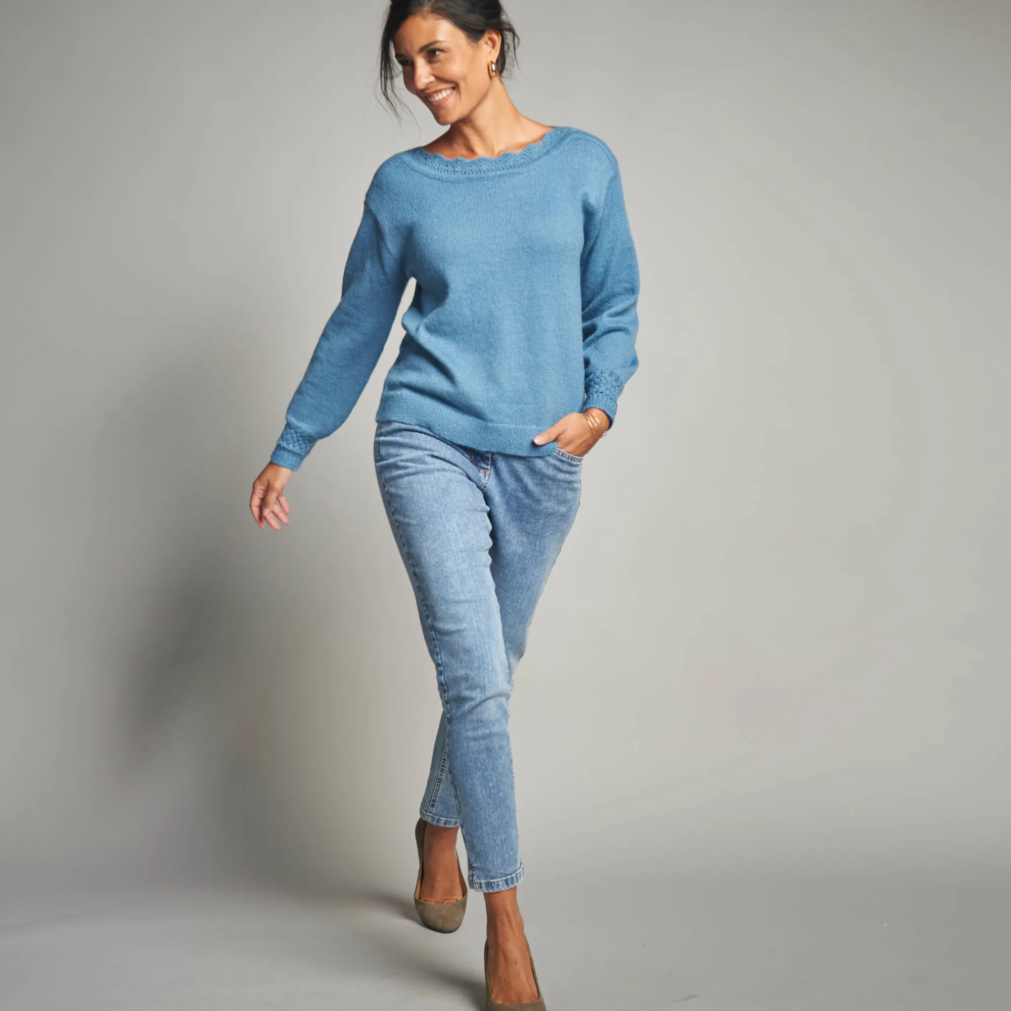 Trui En Vest<Lora Zellini Trui met boothals, fantasietricot grijsblauw