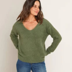 Trui En Vest<Blancheporte Trui met decolleté aan de achterkant en strikbandjes, harige tricot lindegroen