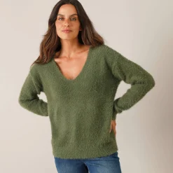 Trui En Vest<Blancheporte Trui met decolleté aan de achterkant en strikbandjes, harige tricot lindegroen