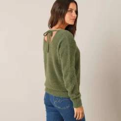 Trui En Vest<Blancheporte Trui met decolleté aan de achterkant en strikbandjes, harige tricot lindegroen