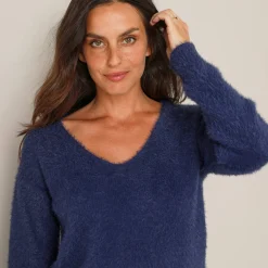 Trui En Vest<Blancheporte Trui met decolleté aan de achterkant en strikbandjes, harige tricot marine