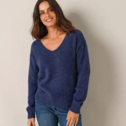 Trui En Vest<Blancheporte Trui met decolleté aan de achterkant en strikbandjes, harige tricot marine