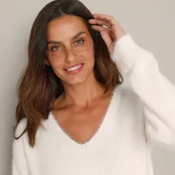 Trui En Vest<Blancheporte Trui met decolleté aan de achterkant en strikbandjes, harige tricot ecru