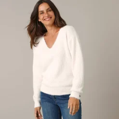 Trui En Vest<Blancheporte Trui met decolleté aan de achterkant en strikbandjes, harige tricot ecru