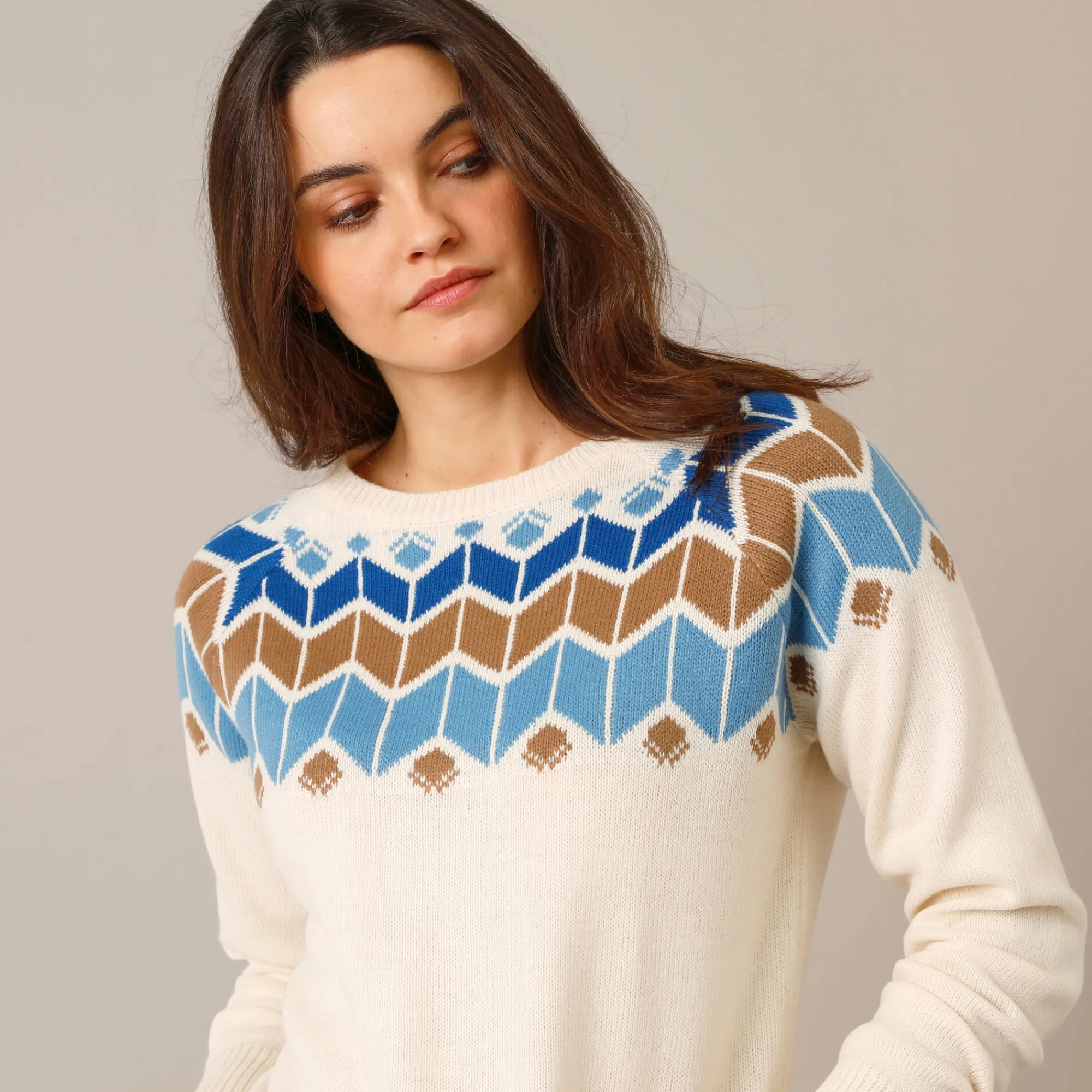 Trui En Vest<Blancheporte Trui met decolleté in jacquard ecru / blauw