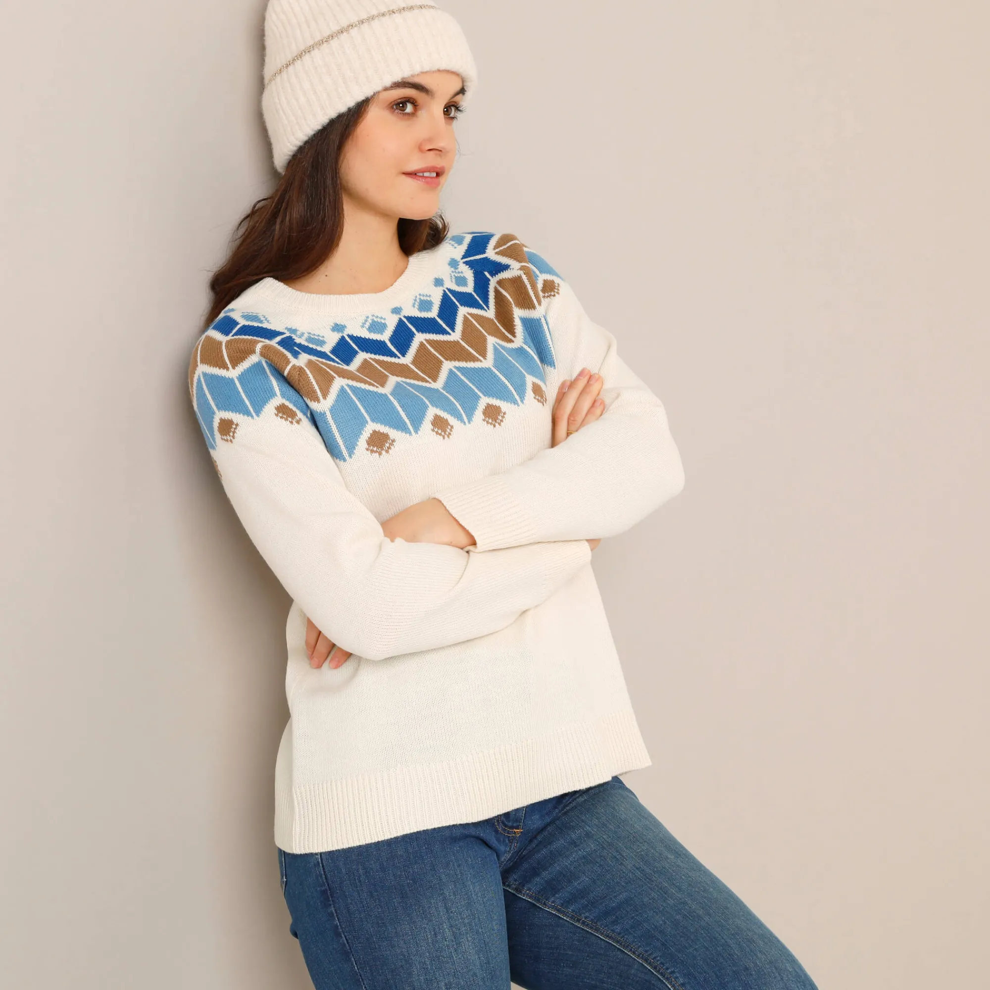 Trui En Vest<Blancheporte Trui met decolleté in jacquard ecru / blauw