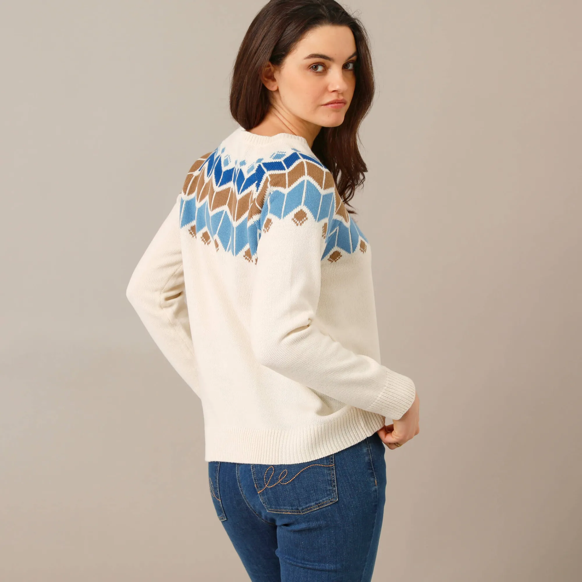 Trui En Vest<Blancheporte Trui met decolleté in jacquard ecru / blauw