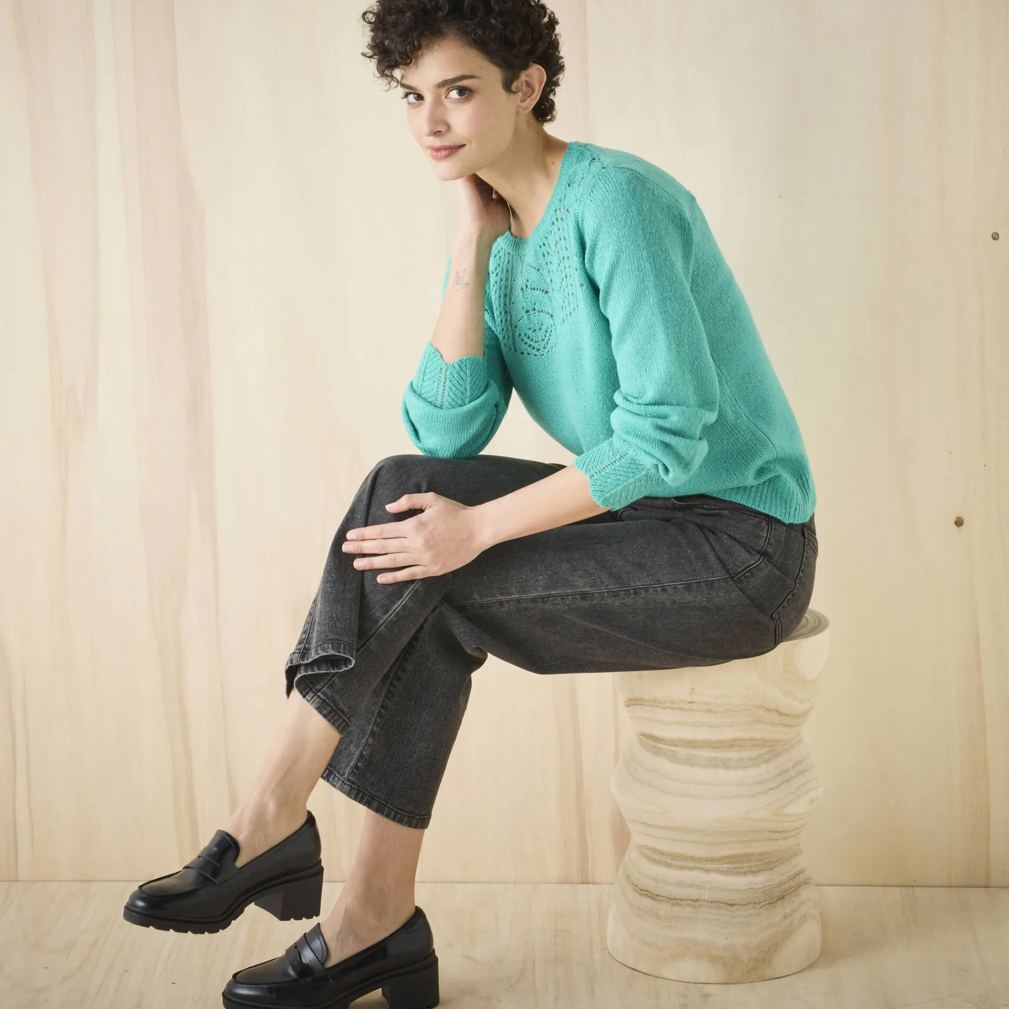 Trui En Vest<Blancheporte Trui met details in pointelletricot muntgroen