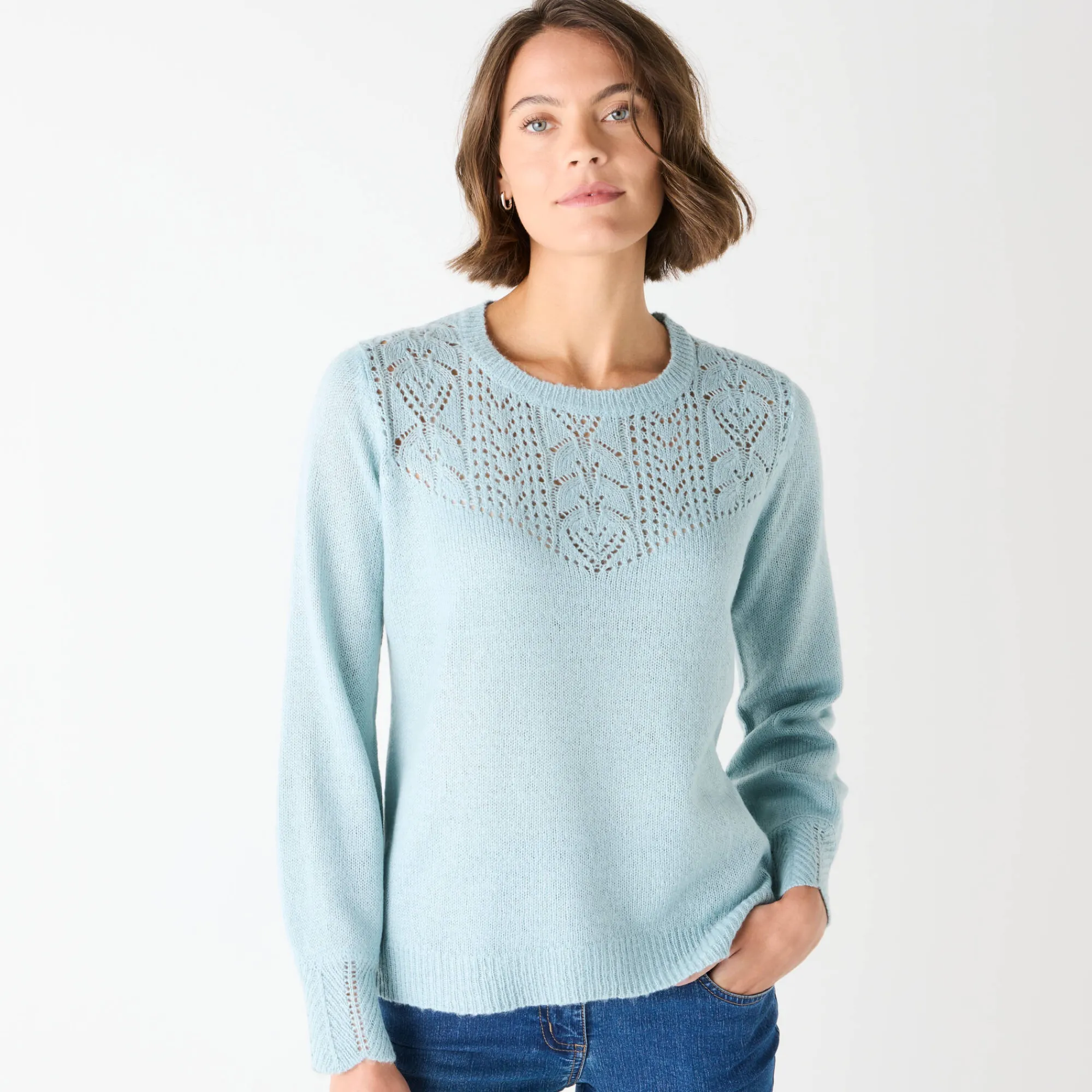 Trui En Vest<Blancheporte Trui met details in pointelletricot watergroen