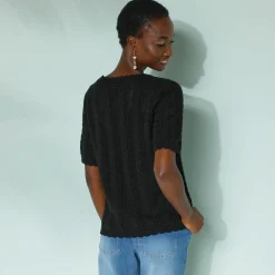 Trui En Vest<Blancheporte Trui met festonafwerking en korte mouwen, fantasie ajourtricot zwart