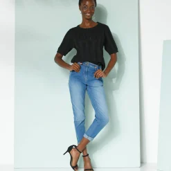 Trui En Vest<Blancheporte Trui met festonafwerking en korte mouwen, fantasie ajourtricot zwart