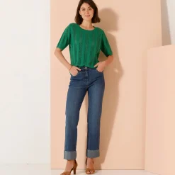 Trui En Vest<Blancheporte Trui met festonafwerking en korte mouwen, fantasie ajourtricot groen