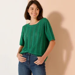 Trui En Vest<Blancheporte Trui met festonafwerking en korte mouwen, fantasie ajourtricot groen