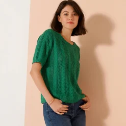 Trui En Vest<Blancheporte Trui met festonafwerking en korte mouwen, fantasie ajourtricot groen