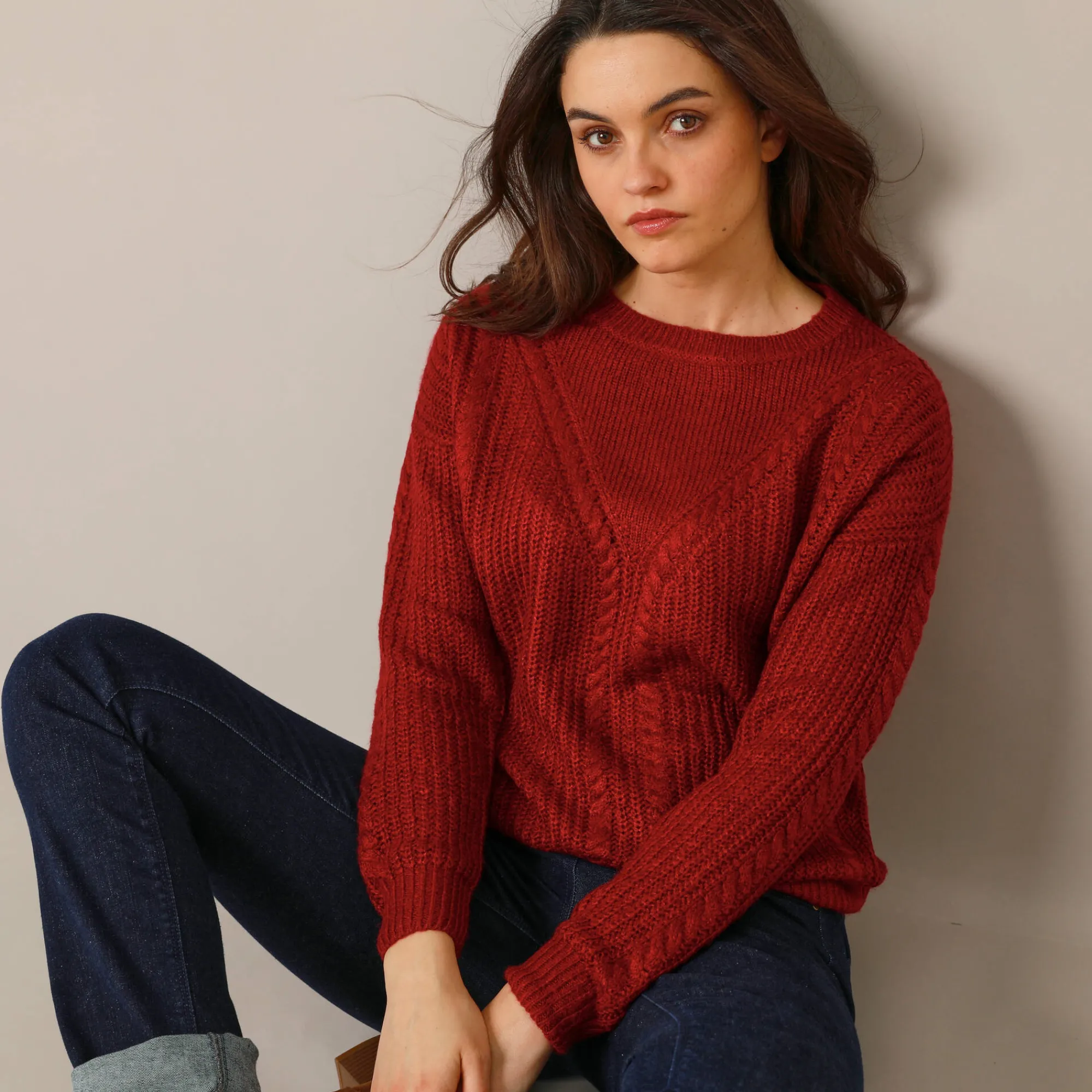 Trui En Vest<Blancheporte Trui met kabelmotieven - patenttricot donkerrood