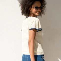 Trui En Vest<Blancheporte Trui met korte mouwen, fantasietricot ecru / marine