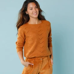 Trui En Vest<Blancheporte Trui met lange mouwen en ronde hals, pareltricot, speciaal voor kleine lengtes honing
