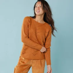 Trui En Vest<Blancheporte Trui met lange mouwen en ronde hals, pareltricot, speciaal voor kleine lengtes honing