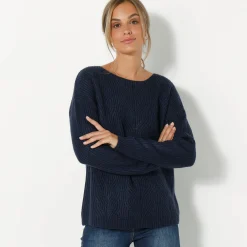 Trui En Vest<Blancheporte Trui met lange mouwen en ronde hals, pareltricot, speciaal voor kleine lengtes marine