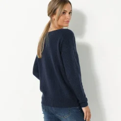 Trui En Vest<Blancheporte Trui met lange mouwen en ronde hals, pareltricot, speciaal voor kleine lengtes marine