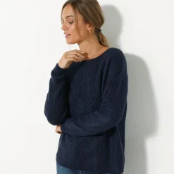 Trui En Vest<Blancheporte Trui met lange mouwen en ronde hals, pareltricot, speciaal voor kleine lengtes marine