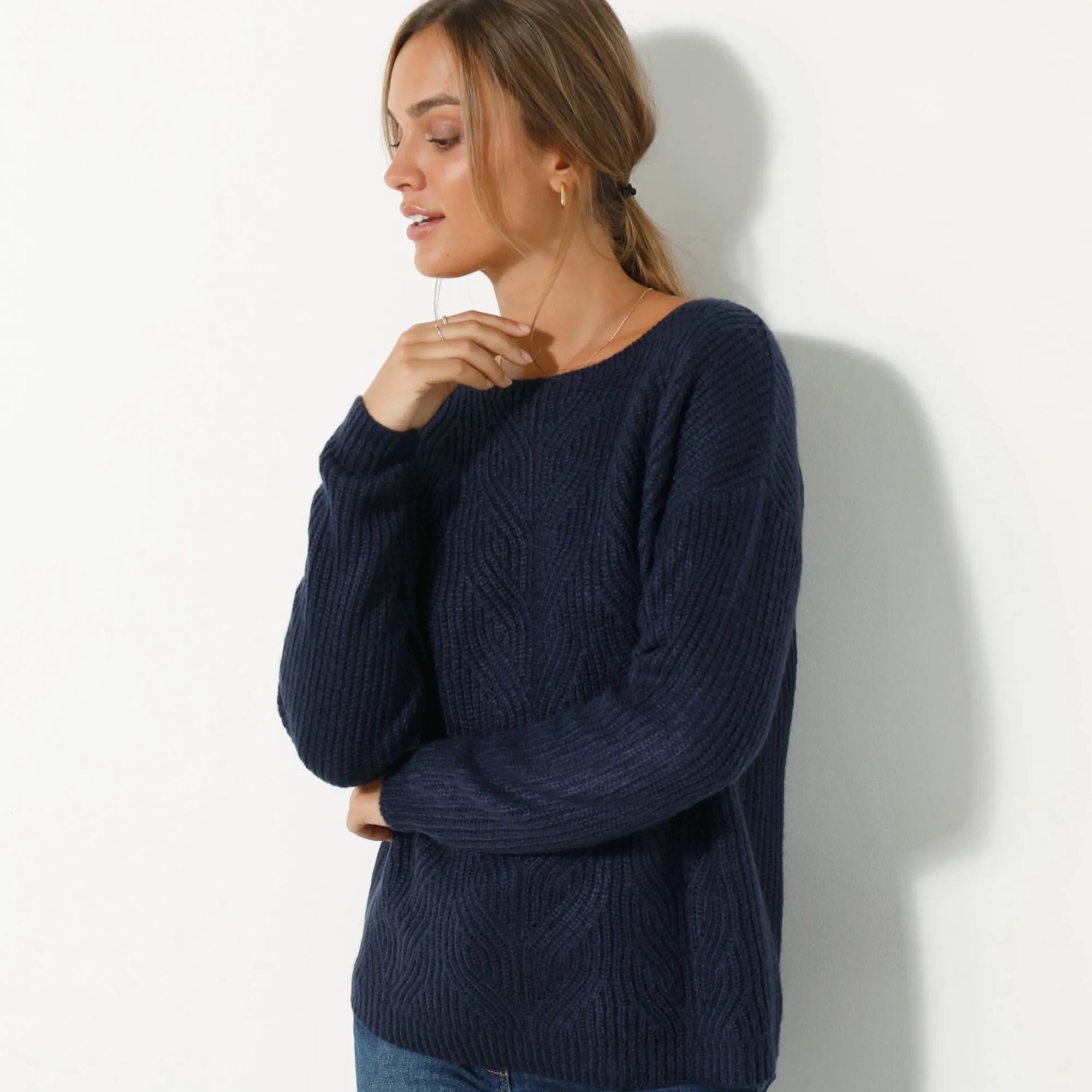 Trui En Vest<Blancheporte Trui met lange mouwen en ronde hals, pareltricot, speciaal voor kleine lengtes marine